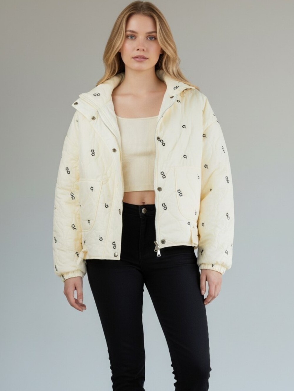 NWT VERY J Quilted Jacket Floral Embroidery Small Puffer Cream